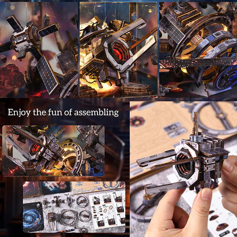 DIY Sci-Fi Book Nook Kit: "Nebula Wanderer" 3D Wooden Puzzle with Touch LED Light