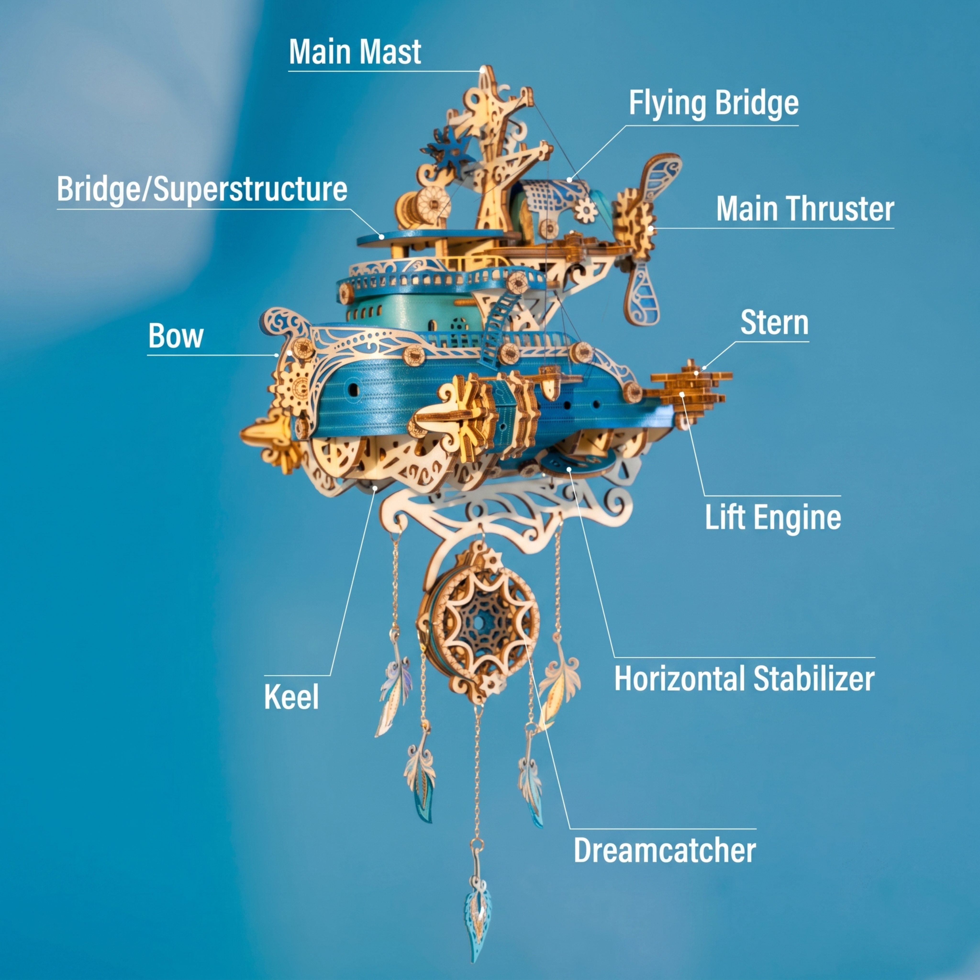 Celestial Airship Dreamcatcher – 3D Wooden DIY Craft Model & Fantasy Home Decor