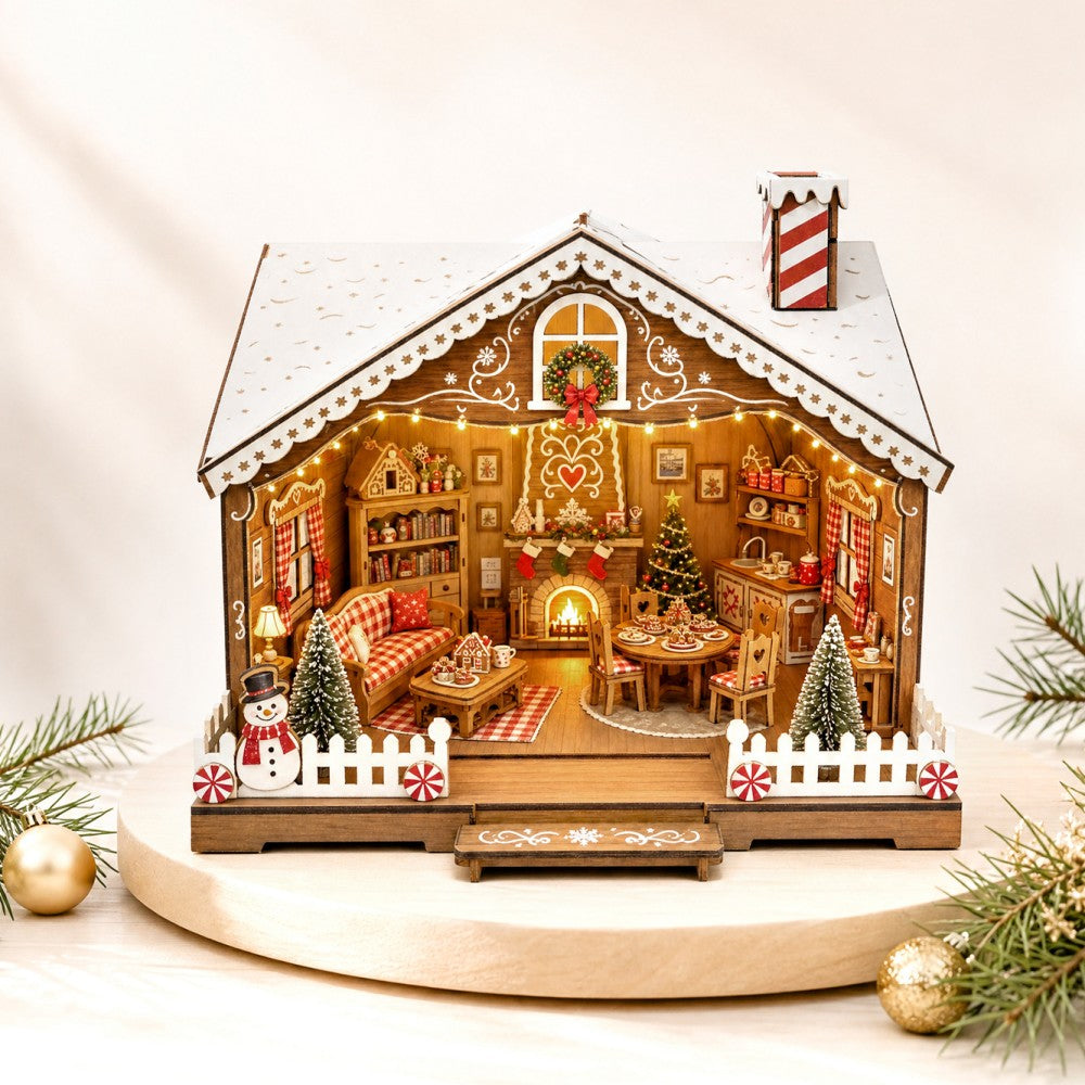 Christmas Gingerbread Cottage DIY Miniature House Kit with LED Lights