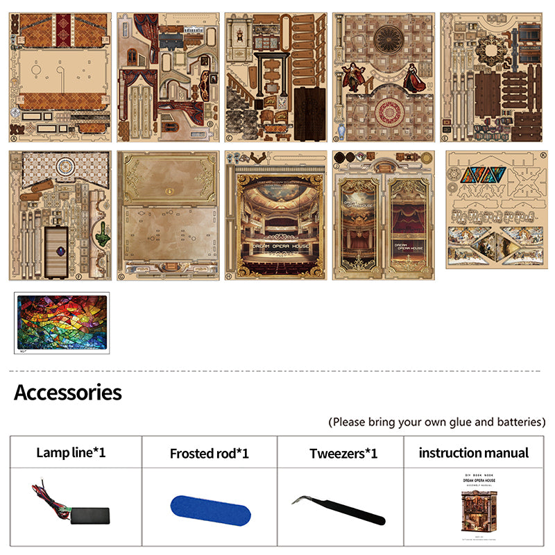 Dream Opera House - DIY Wooden Book Nook Kit with Stained Glass & Touch LED Light