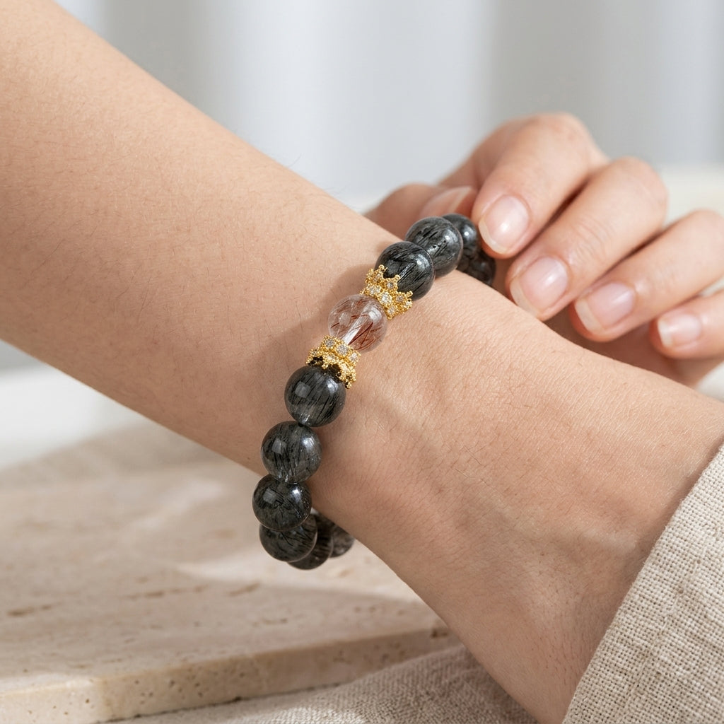 Ethereal Forest — Premium Green Hair Quartz & Super Seven Mantra Bracelet-wood