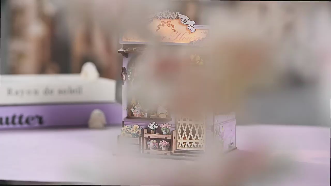 Quiet Corner Flower House DIY Miniature Book Nook Kit | 3D Wooden Puzzle Dollhouse with Touch LED Lights