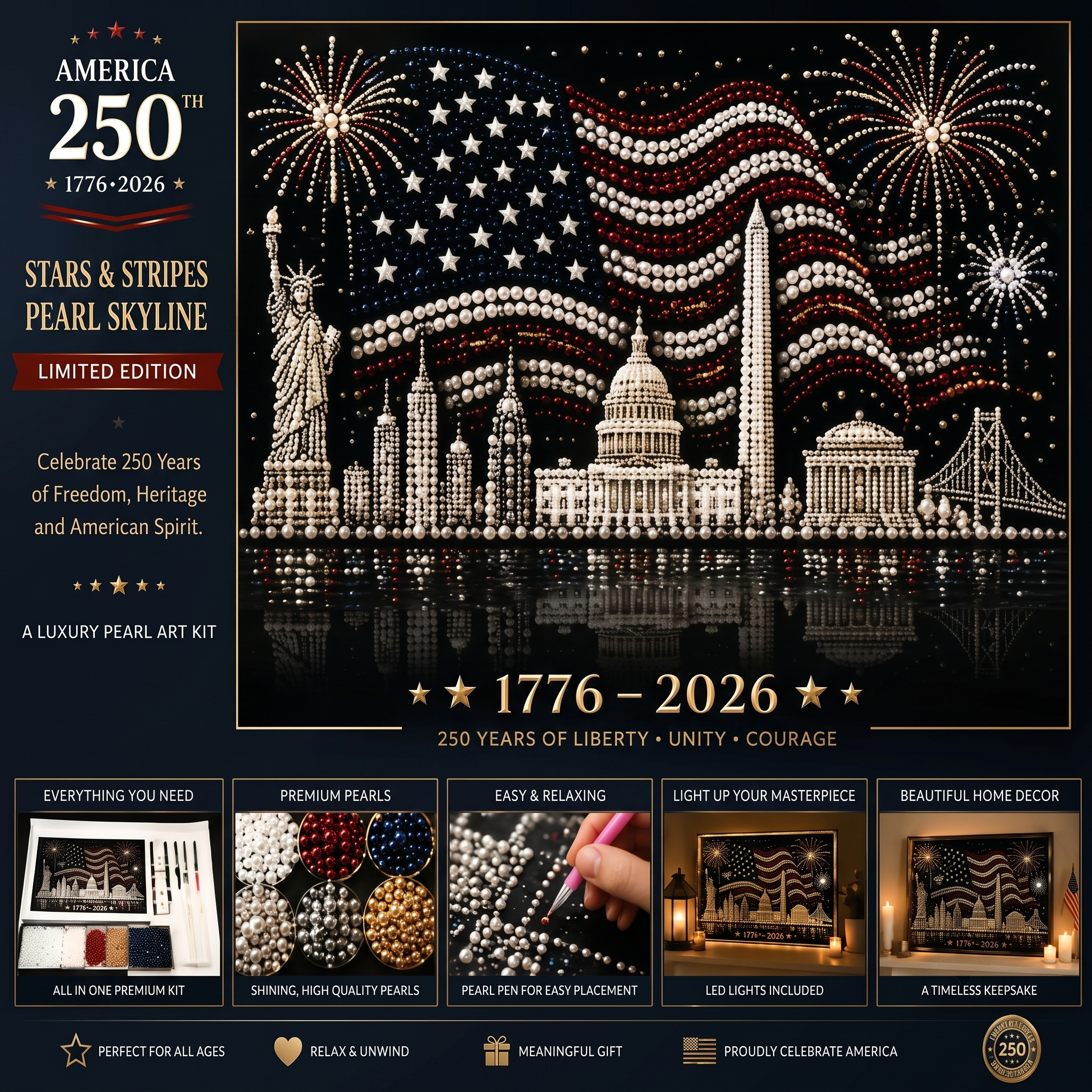 America 250 Commemorative 3D Pearl Painting Kit - Patriotic DIY Art Canvas