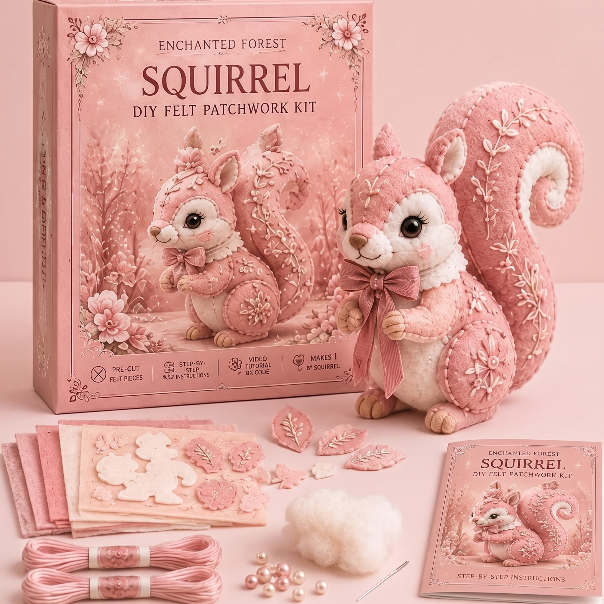 Enchanted Pink Woodland Friends DIY Felt Patchwork Kit | Collectible Animal Craft Set
